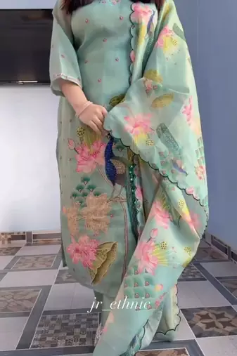 Green floral printed hand katha work linen kurta set with dupatta
