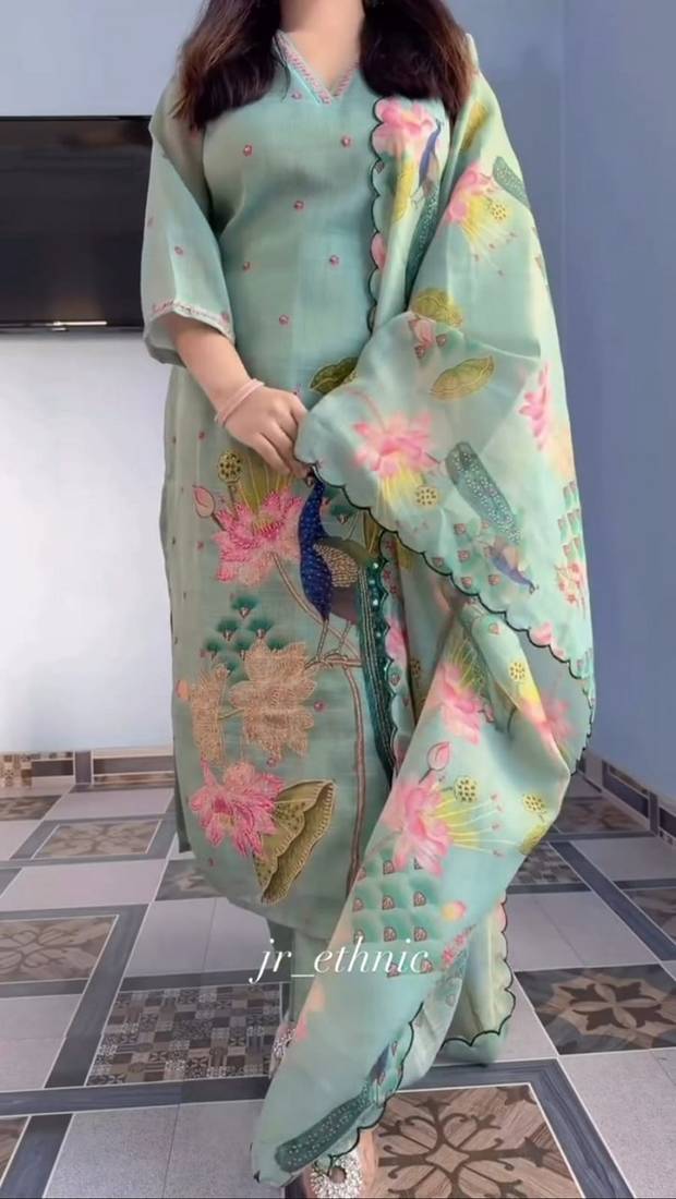 Green floral printed hand katha work linen kurta set with dupatta