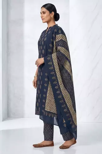Dark blue printed cotton blend stitched floral print kurta set with dupatta for women