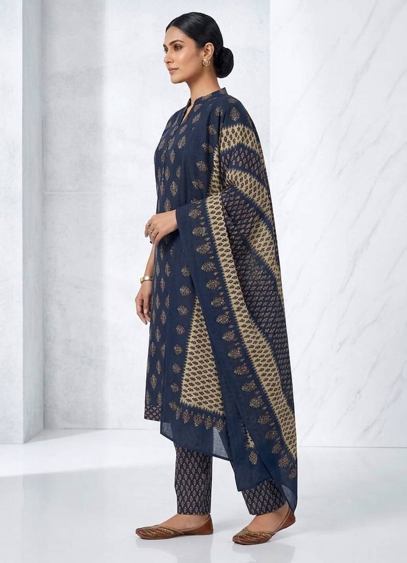 Dark blue printed cotton blend stitched floral print kurta set with dupatta for women