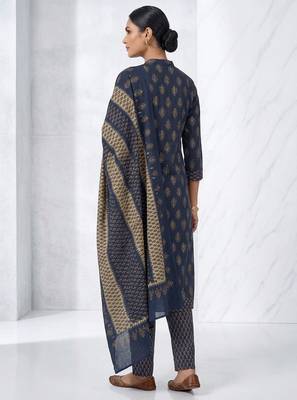 Dark blue printed cotton blend stitched floral print kurta set with dupatta for women 3