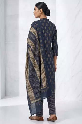 Dark blue printed cotton blend stitched floral print kurta set with dupatta for women