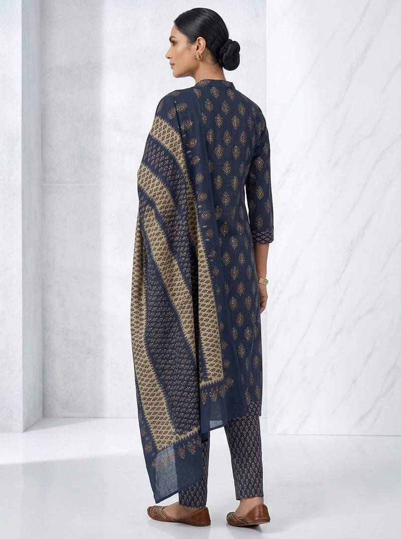 Dark blue printed cotton blend stitched floral print kurta set with dupatta for women