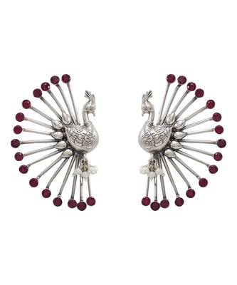 Silver plated red stones peacock motif ear cuffs 1