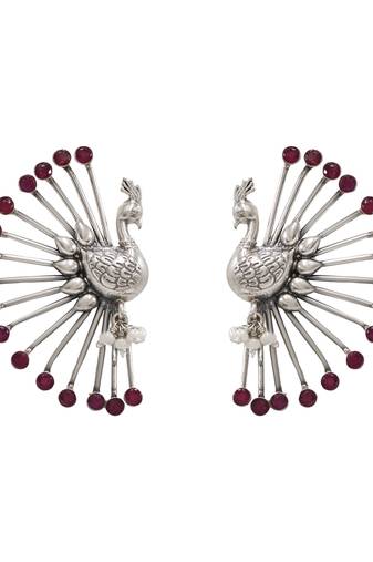 Silver plated red stones peacock motif ear cuffs