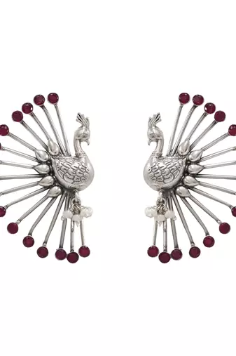 Silver plated red stones peacock motif ear cuffs