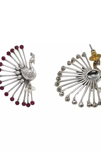 Silver plated red stones peacock motif ear cuffs