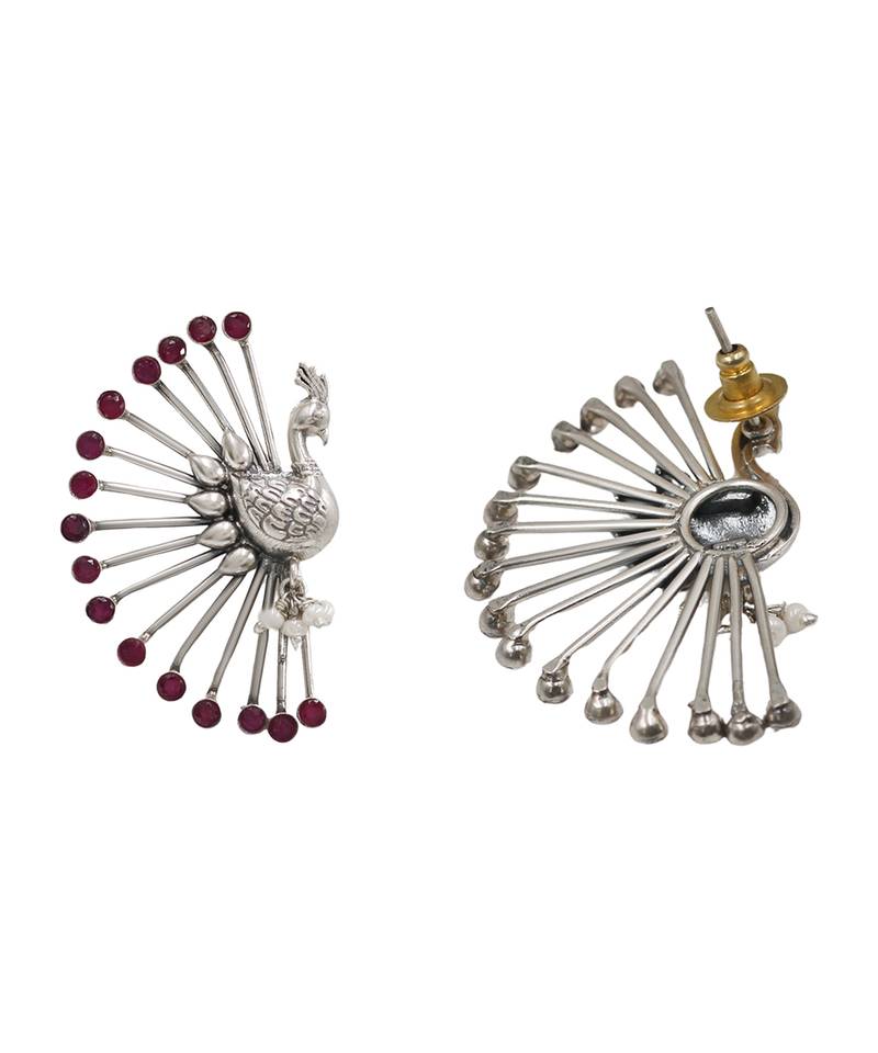 Silver plated red stones peacock motif ear cuffs