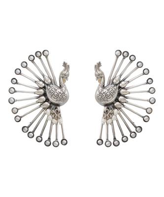 Silver plated pearl peacock motif ear cuffs 1