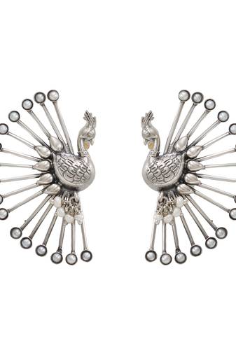 Silver plated pearl peacock motif ear cuffs