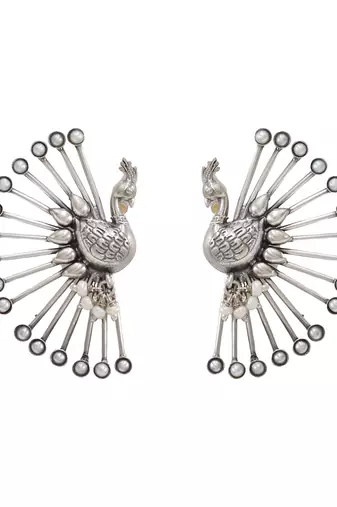 Silver plated pearl peacock motif ear cuffs