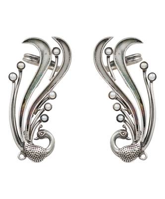 Silver plated pearl peacock head ear cuffs 1