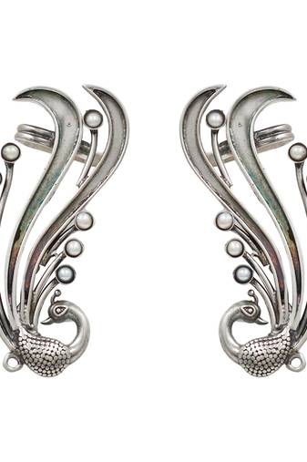 Silver plated pearl peacock head ear cuffs