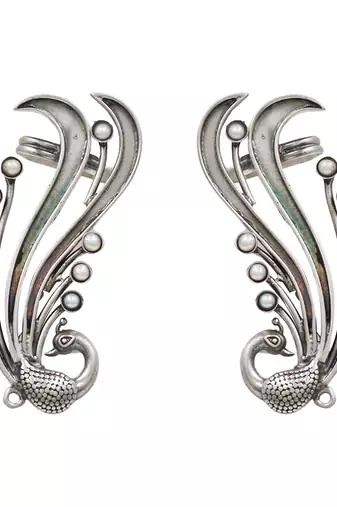 Silver plated pearl peacock head ear cuffs