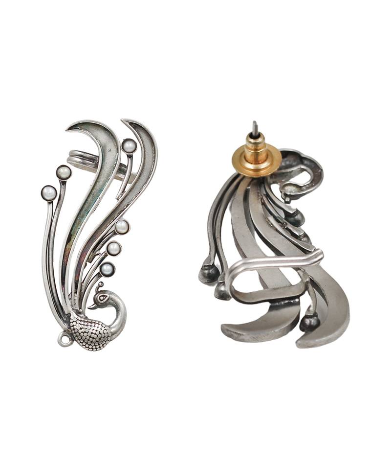 Silver plated pearl peacock head ear cuffs