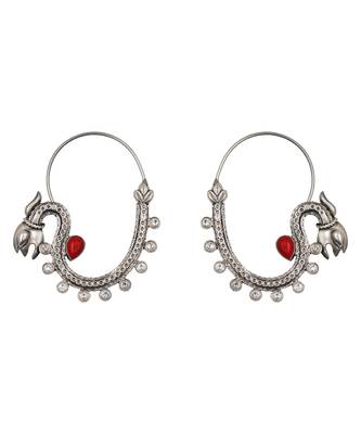 Silver plated red stone kundan hoop earrings 1