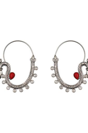 Silver plated red stone kundan hoop earrings