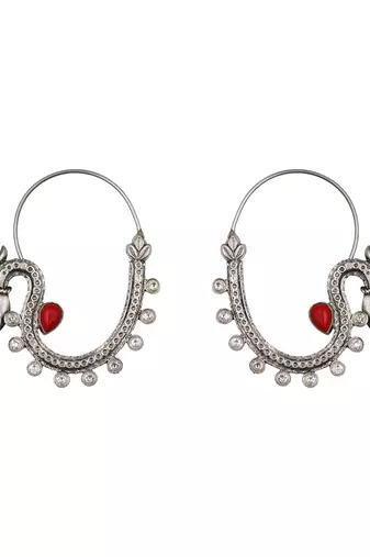 Silver plated red stone kundan hoop earrings
