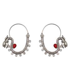 Silver plated red stone kundan hoop earrings