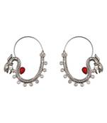 Silver plated red stone kundan hoop earrings