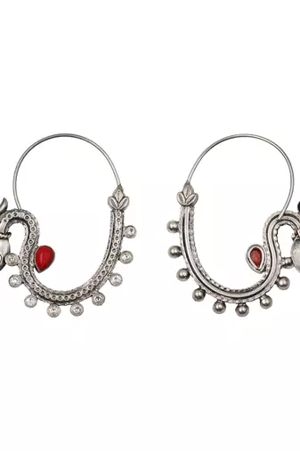 Silver plated red stone kundan hoop earrings