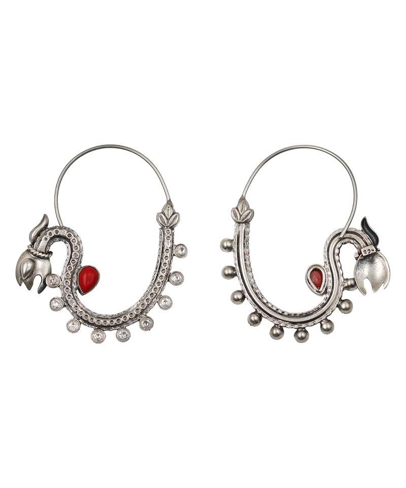 Silver plated red stone kundan hoop earrings