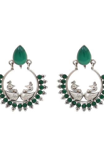 Silver plated green stone kundan chandbali earrings
