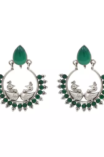 Silver plated green stone kundan chandbali earrings