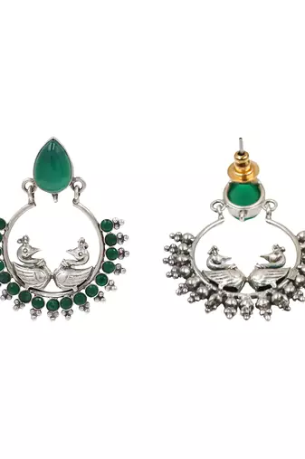Silver plated green stone kundan chandbali earrings