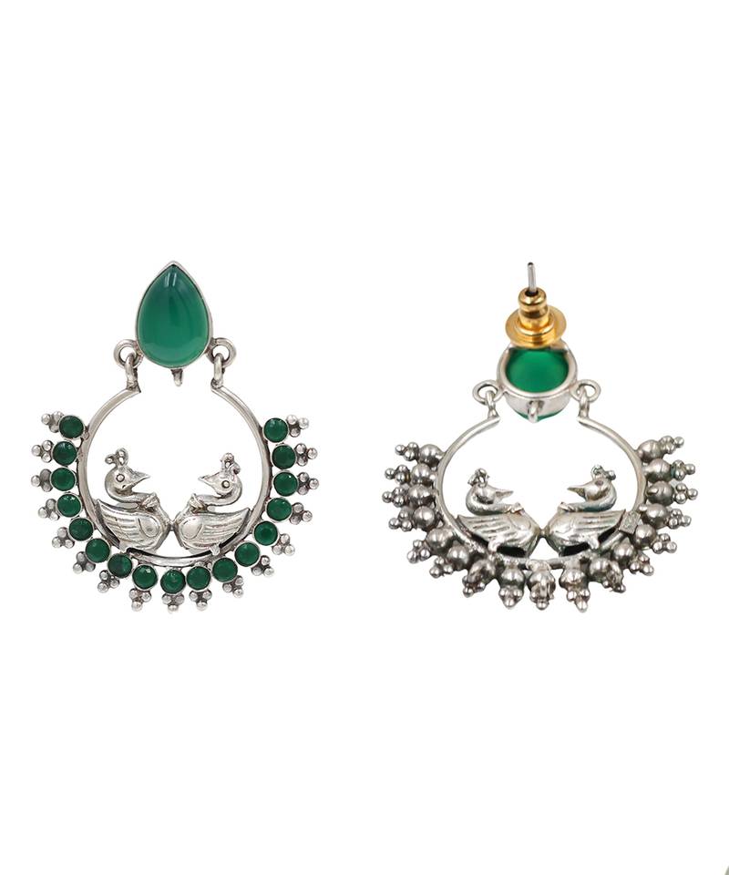 Silver plated green stone kundan chandbali earrings
