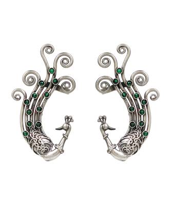 Green stones kundan swirling peacock ear cuffs 1