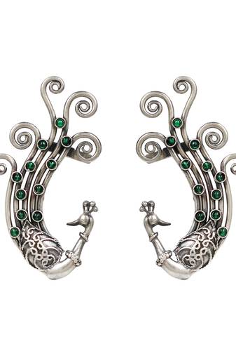 Green stones kundan swirling peacock ear cuffs