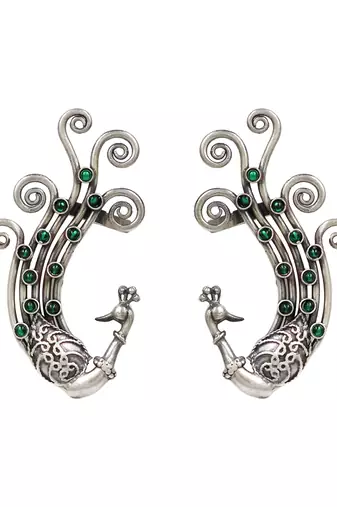 Green stones kundan swirling peacock ear cuffs