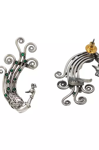 Green stones kundan swirling peacock ear cuffs