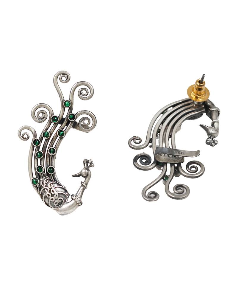 Green stones kundan swirling peacock ear cuffs