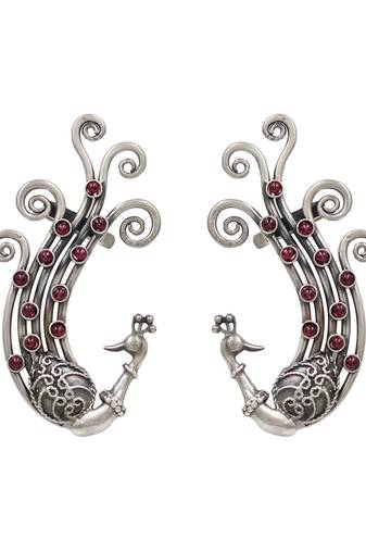 Ruby red stones kundan swirling peacock ear cuffs