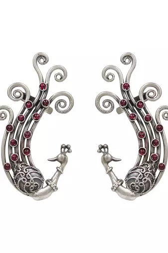 Ruby red stones kundan swirling peacock ear cuffs