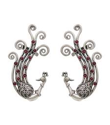 Ruby red stones kundan swirling peacock ear cuffs