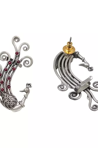 Ruby red stones kundan swirling peacock ear cuffs