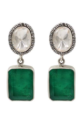 Silver plated emerald green oval drop earrings
