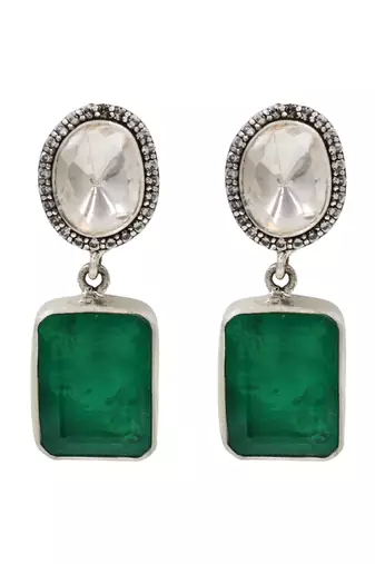 Silver plated emerald green oval drop earrings