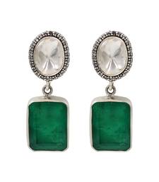 Silver plated emerald green oval drop earrings