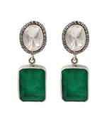 Silver plated emerald green oval drop earrings