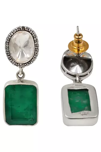 Silver plated emerald green oval drop earrings