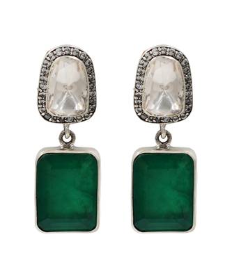 Silver plated emerald green cushion drop earrings 1