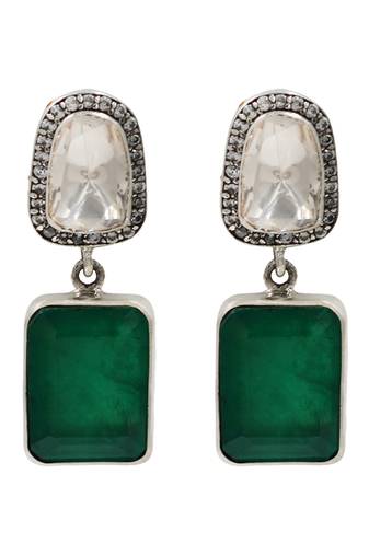 Silver plated emerald green cushion drop earrings