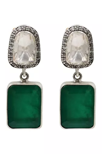 Silver plated emerald green cushion drop earrings