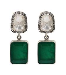 Silver plated emerald green cushion drop earrings