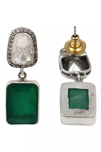 Silver plated emerald green cushion drop earrings
