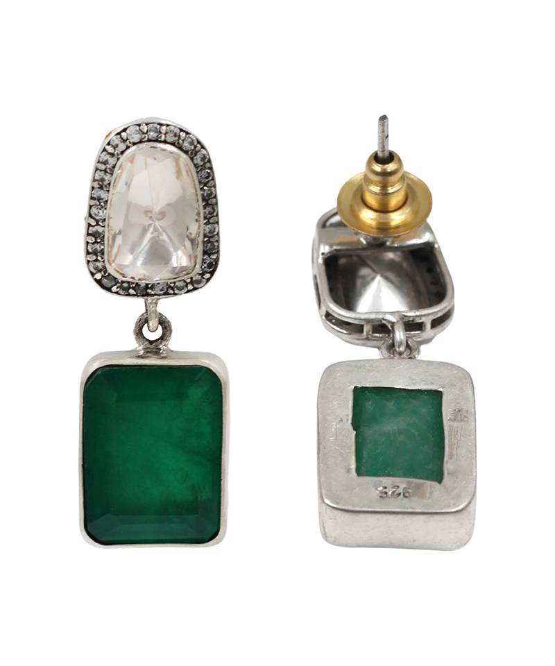 Silver plated emerald green cushion drop earrings